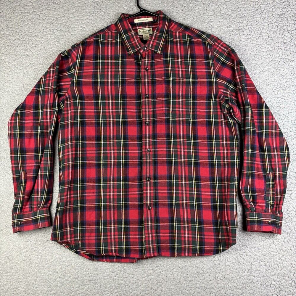 LL Bean Shirt Mens Large Regular‎ Red Plaid Cotton Traditional Fit Button Up